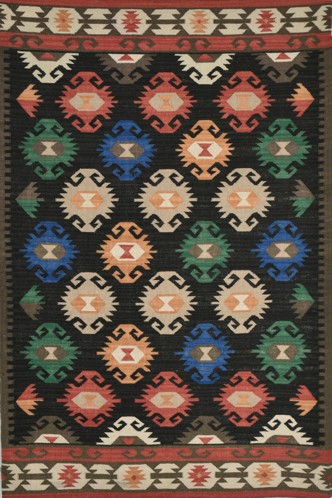 MULTICOLOR BLACK AZTEC HAND WOVEN KILIM DHURRIE