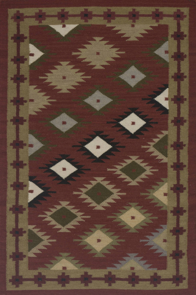 MAROON GREEN AZTEC HAND WOVEN KILIM DHURRIE