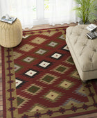 MAROON GREEN AZTEC HAND WOVEN KILIM DHURRIE