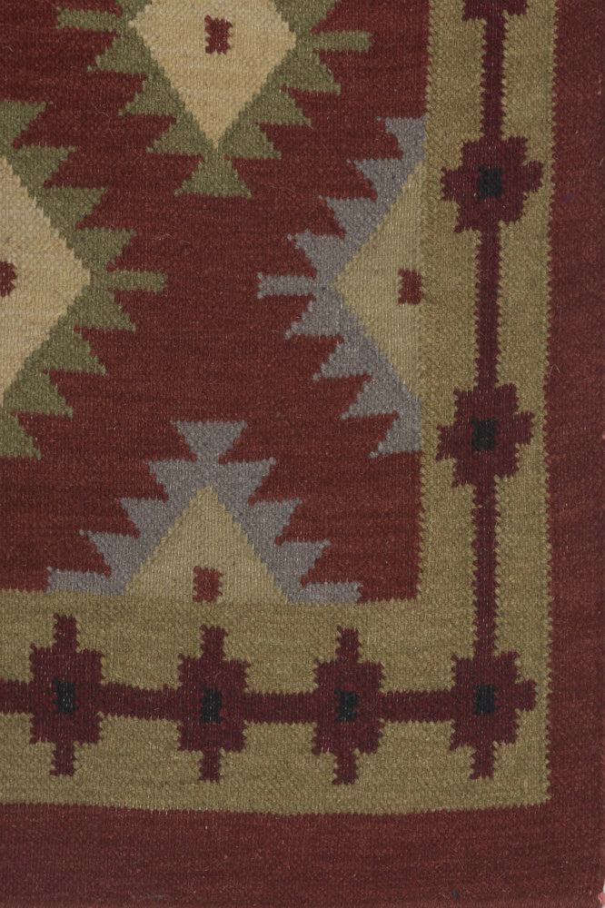 MAROON GREEN AZTEC HAND WOVEN KILIM DHURRIE