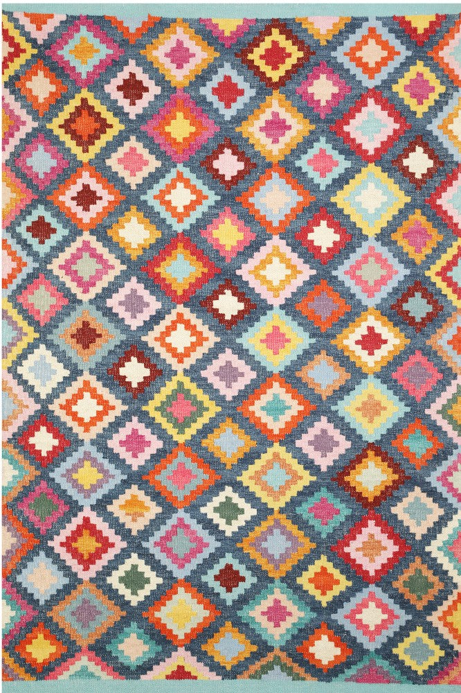 MULTICOLOR BLUE KILIM HAND WOVEN DHURRIE