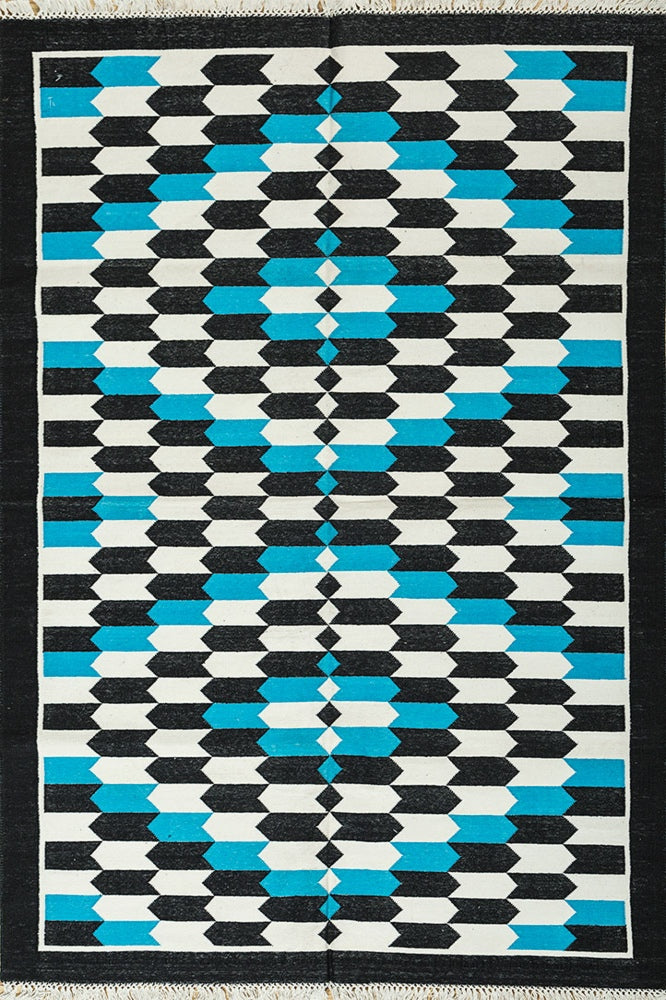 BLUE BLACK KILIM HAND WOVEN DHURRIE