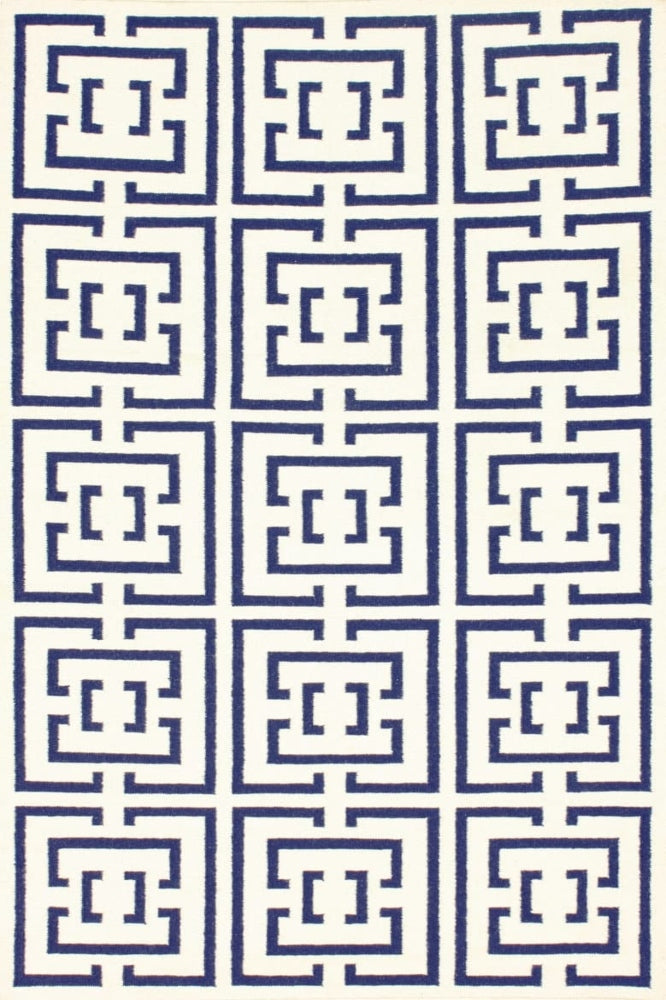 BLUE AND IVORY GREEK KEY HAND WOVEN DHURRIE