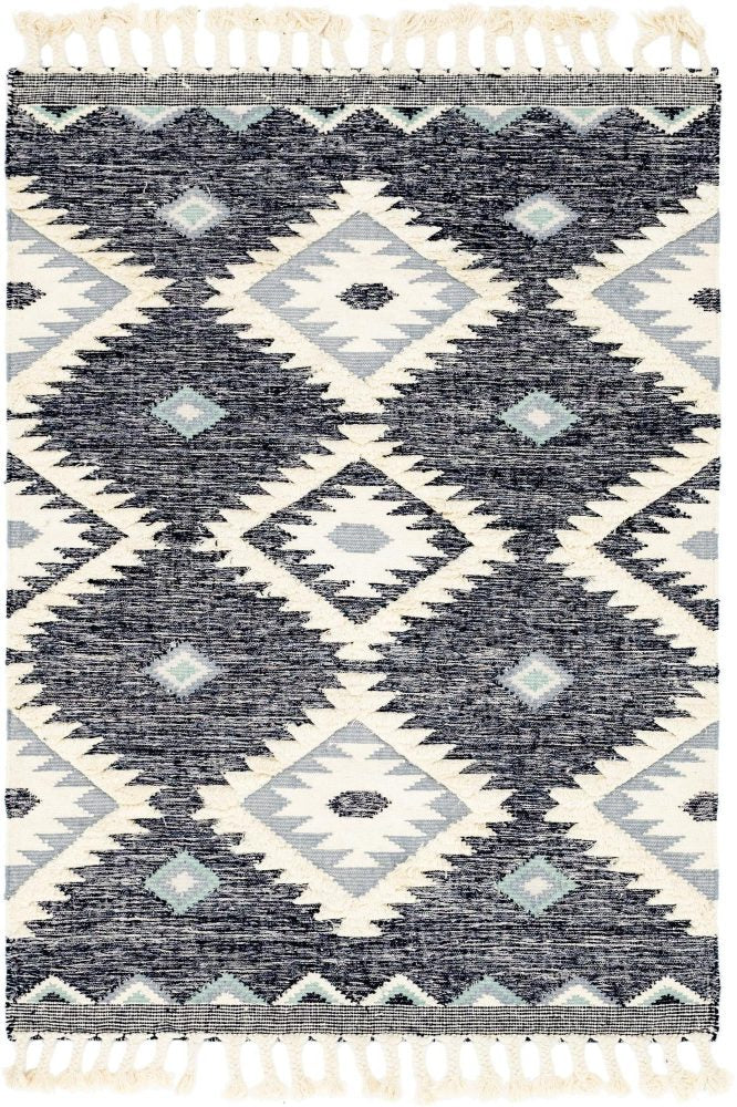 IVORY AND BLACK KILIM HAND WOVEN DHURRIE