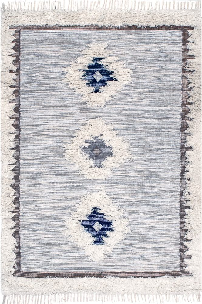 IVORY AND BLUE KILIM HAND WOVEN DHURRIE