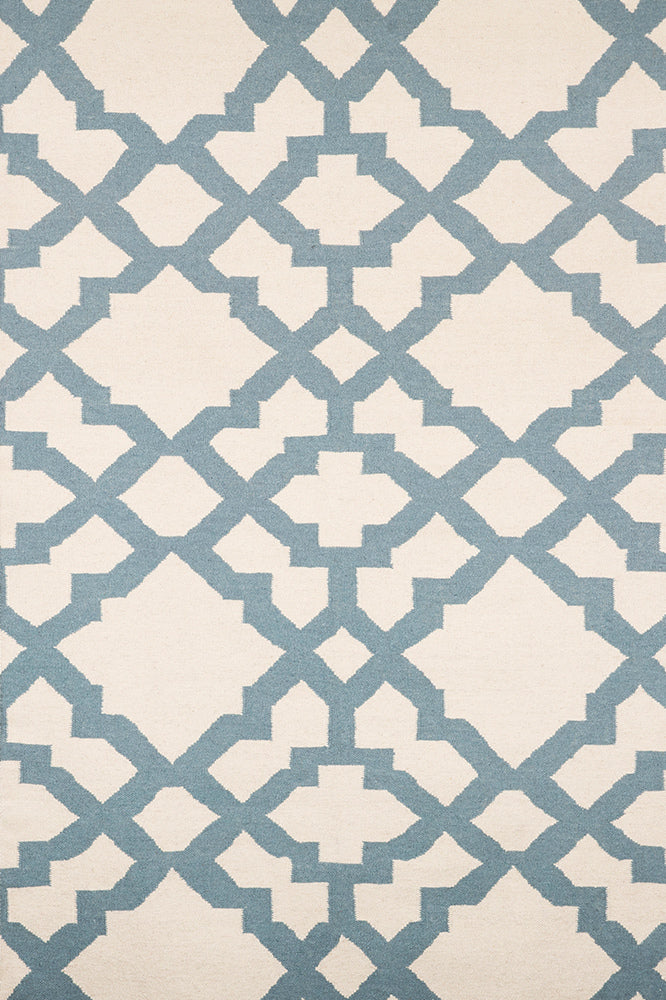 IVORY BLUE GEOMETRIC HAND WOVEN DHURRIE