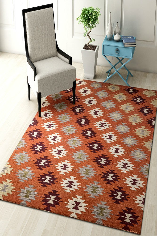 ORANGE AZTEC HAND WOVEN KILIM DHURRIE