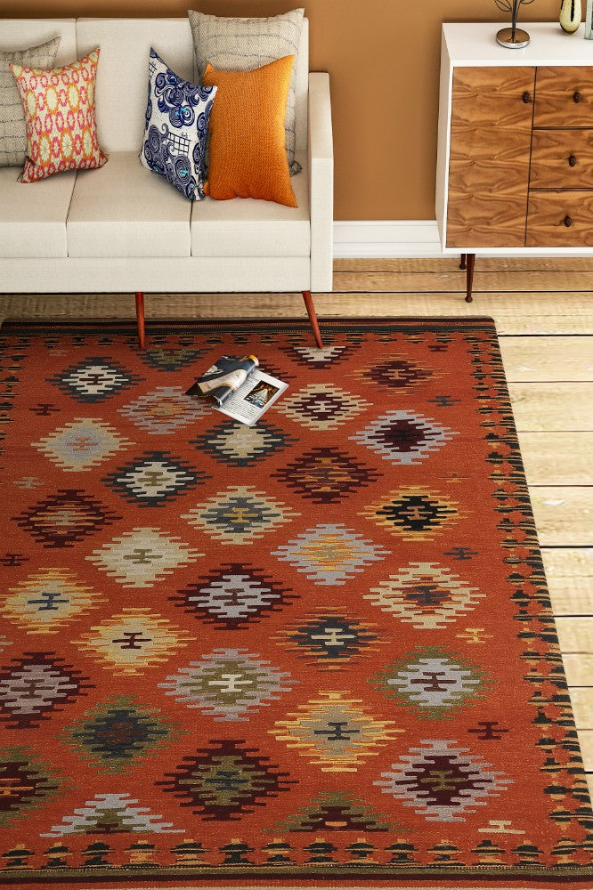 ORANGE AZTEC HAND WOVEN KILIM DHURRIE