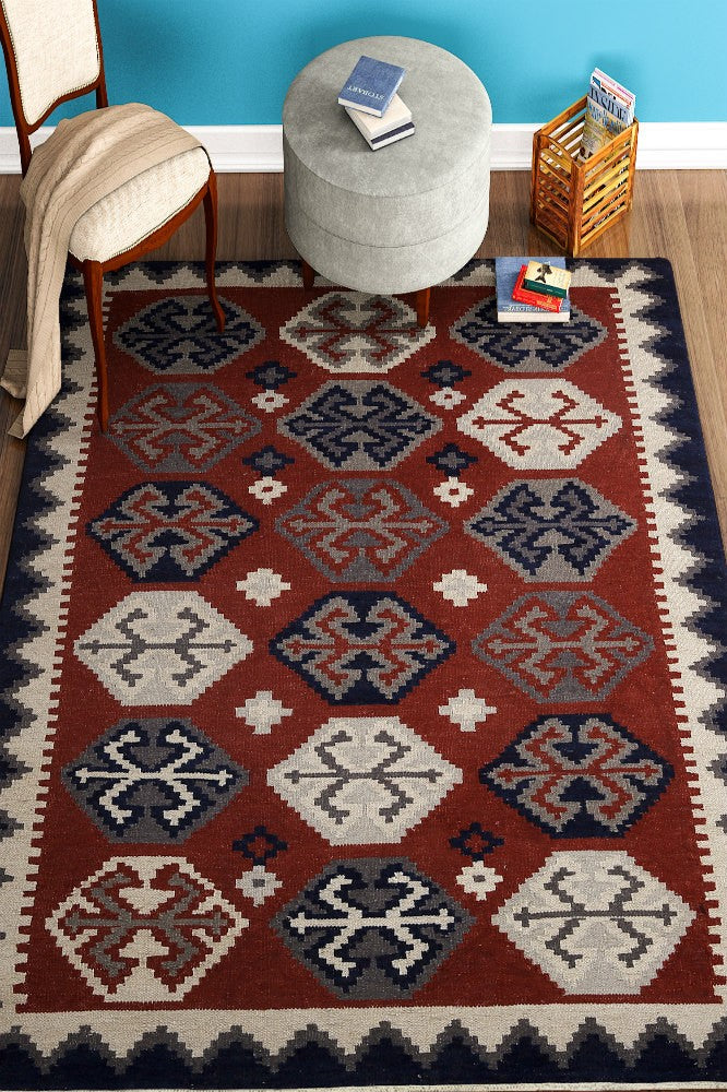 RED AZTEC HAND WOVEN KILIM DHURRIE