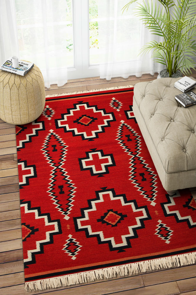 RED BLACK AZTEC HAND WOVEN KILIM DHURRIE