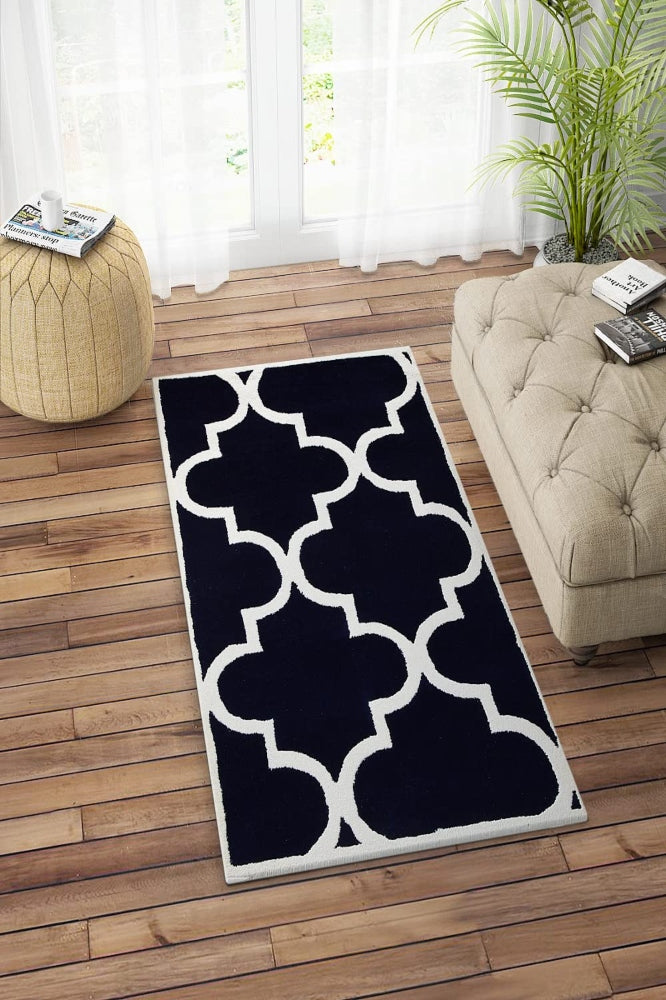 NAVY BLUE AND WHITE MOROCCAN HAND TUFTED CARPET