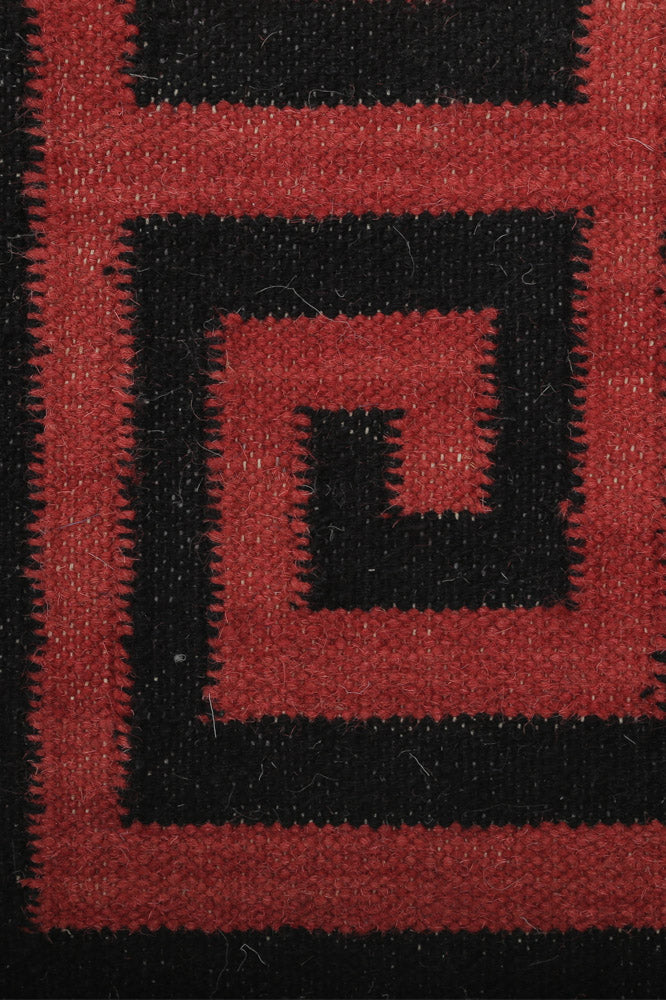 RED AND BLACK GREEK KEY HAND WOVEN DHURRIE