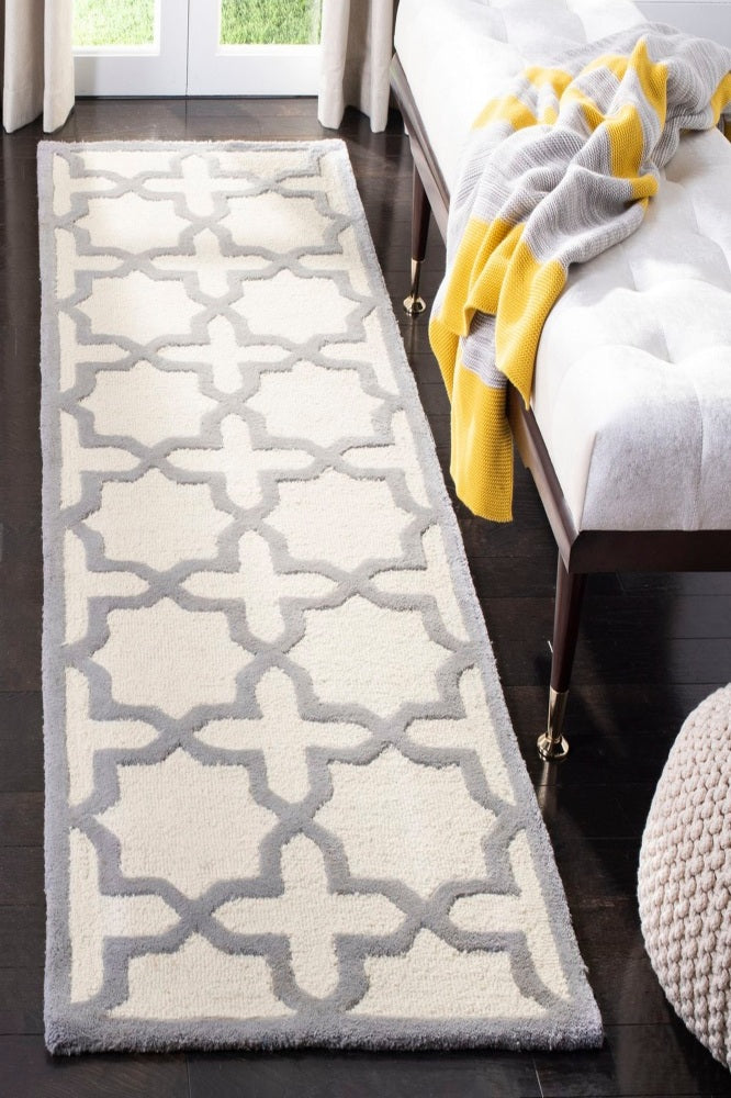 GREY AND IVORY GEOMETRIC HAND TUFTED RUNNER CARPET