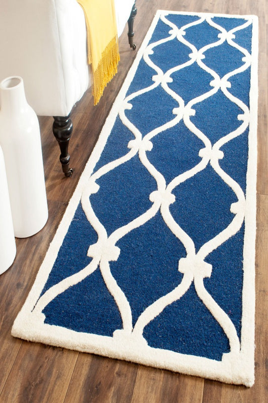 BLUE AND WHITE GEOMETRIC HAND TUFTED RUNNER CARPET