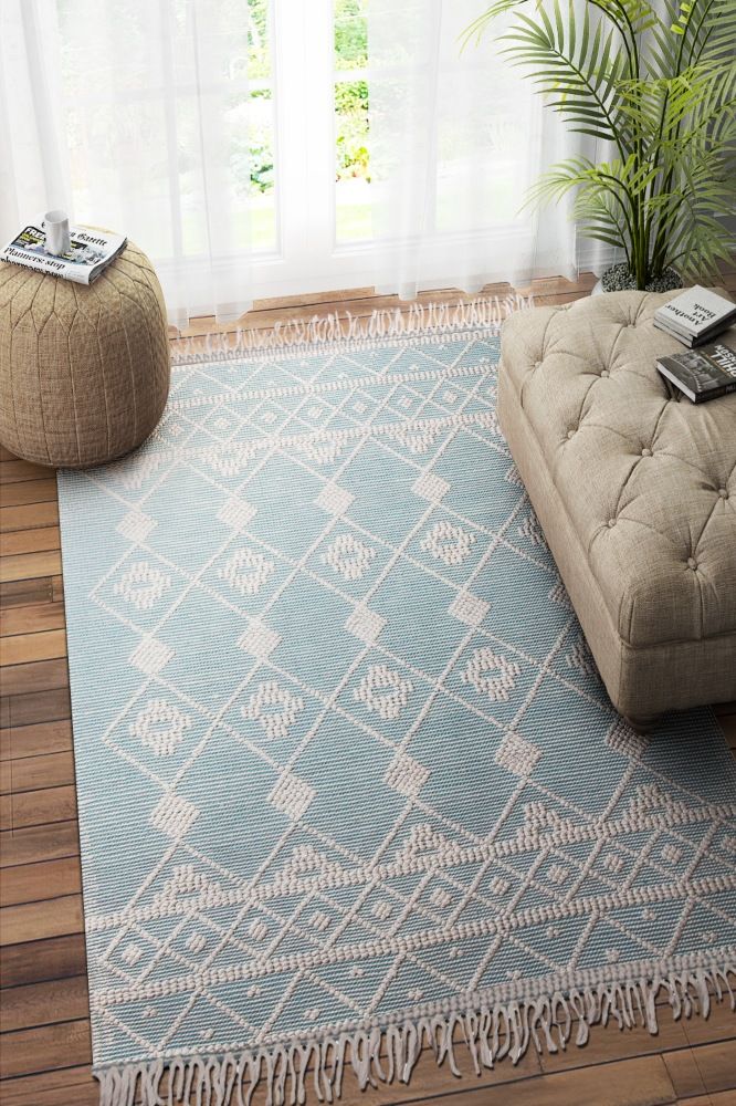 IVORY AND BLUE KILIM HAND WOVEN DHURRIE