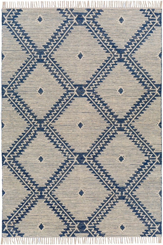 IVORY AND BLUE KILIM HAND WOVEN DHURRIE