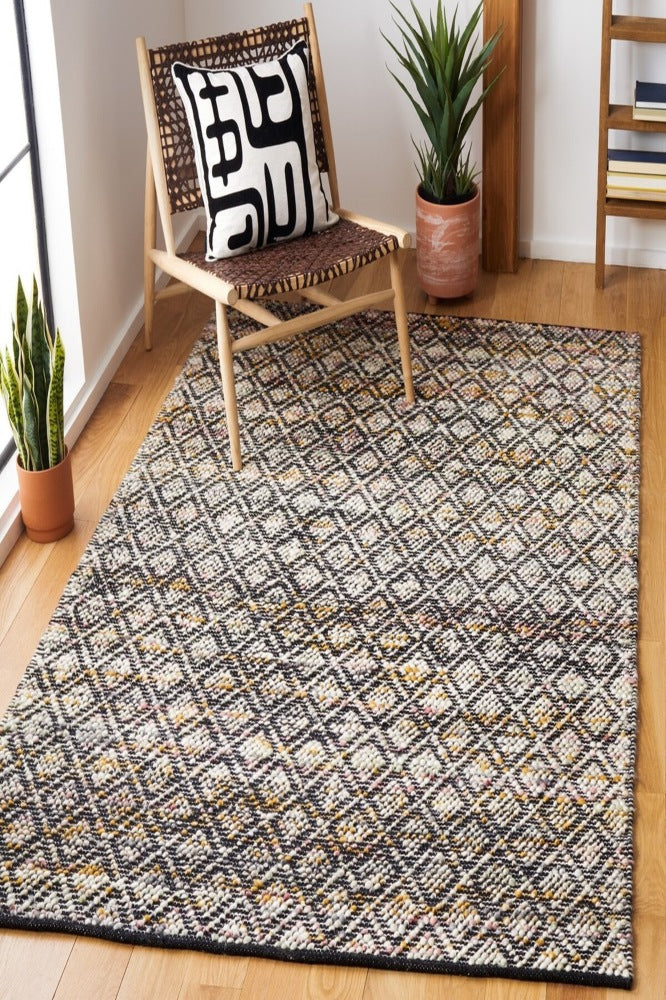 BLACK MULTICOLOR GEOMETRIC KILIM HAND WOVEN DHURRIE