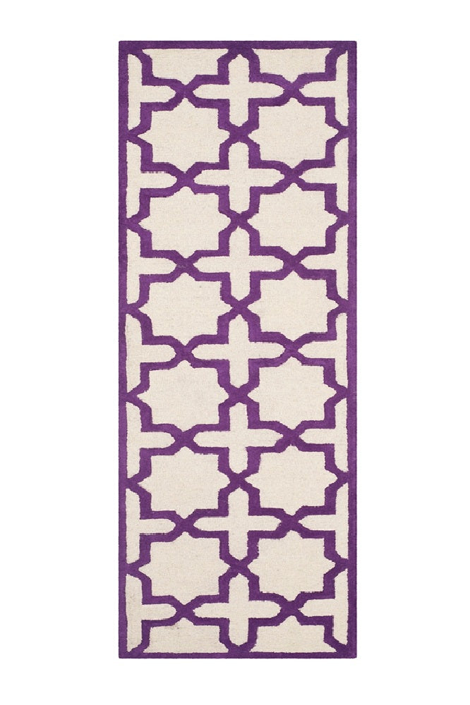 PURPLE AND IVORY GEOMETRIC HAND TUFTED RUNNER CARPET