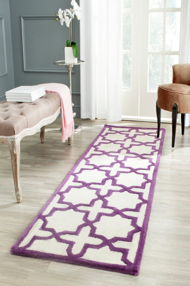 PURPLE AND IVORY GEOMETRIC HAND TUFTED RUNNER CARPET