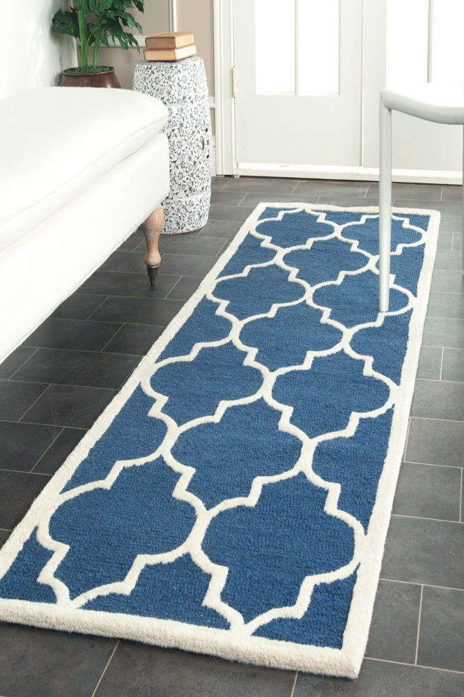 BLUE AND WHITE MOROCCAN HAND TUFTED RUNNER CARPET