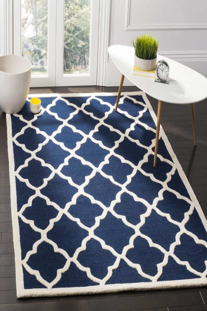 BLUE AND IVORY MOROCCAN HAND TUFTED CARPET