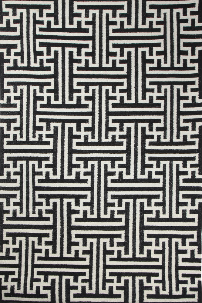 BLACK AND WHITE GEOMETRIC HAND WOVEN DHURRIE