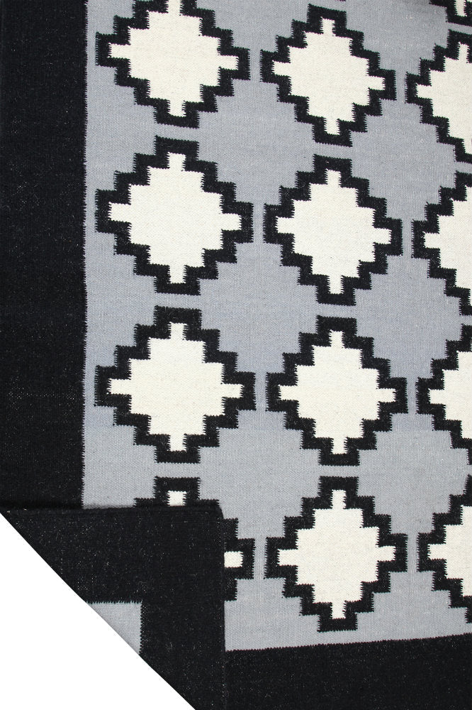 GREY AND BLACK AZTEC HAND WOVEN KILIM DHURRIE