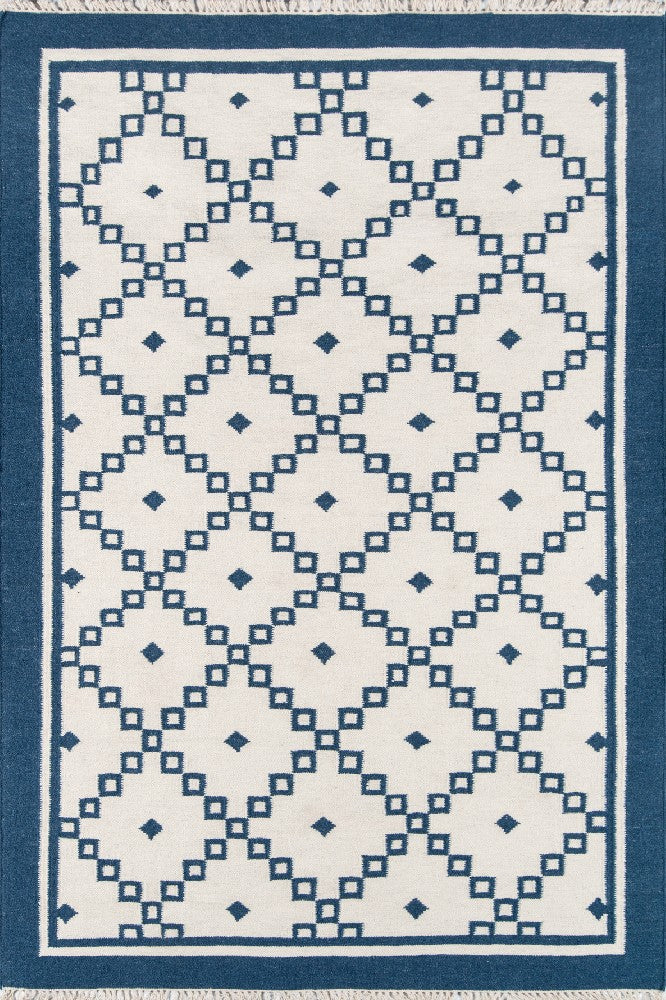 IVORY AND BLUE KILIM HAND WOVEN DHURRIE