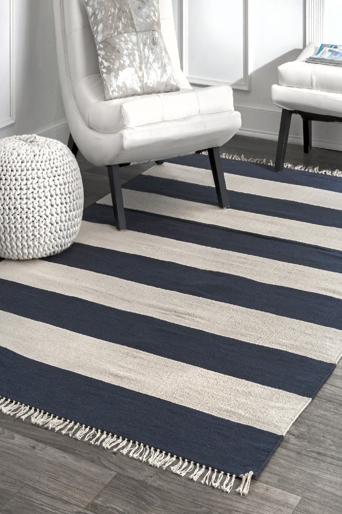 BLUE AND IVORY STRIPES HAND WOVEN DHURRIE