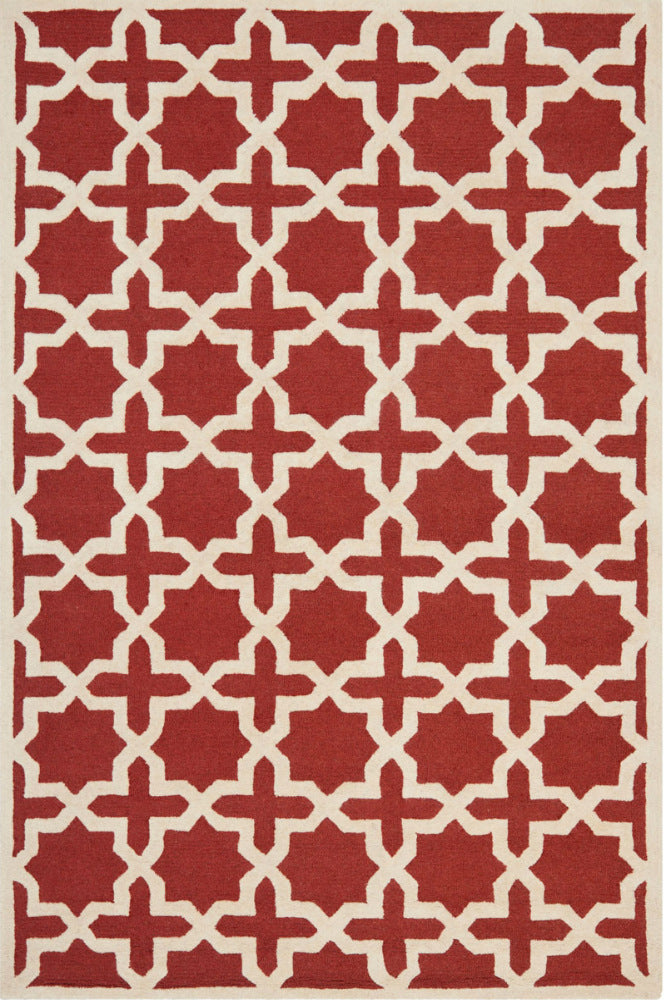 RED AND IVORY GEOMETRIC HAND TUFTED CARPET