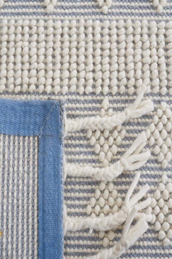 IVORY AND BLUE KILIM HAND WOVEN DHURRIE