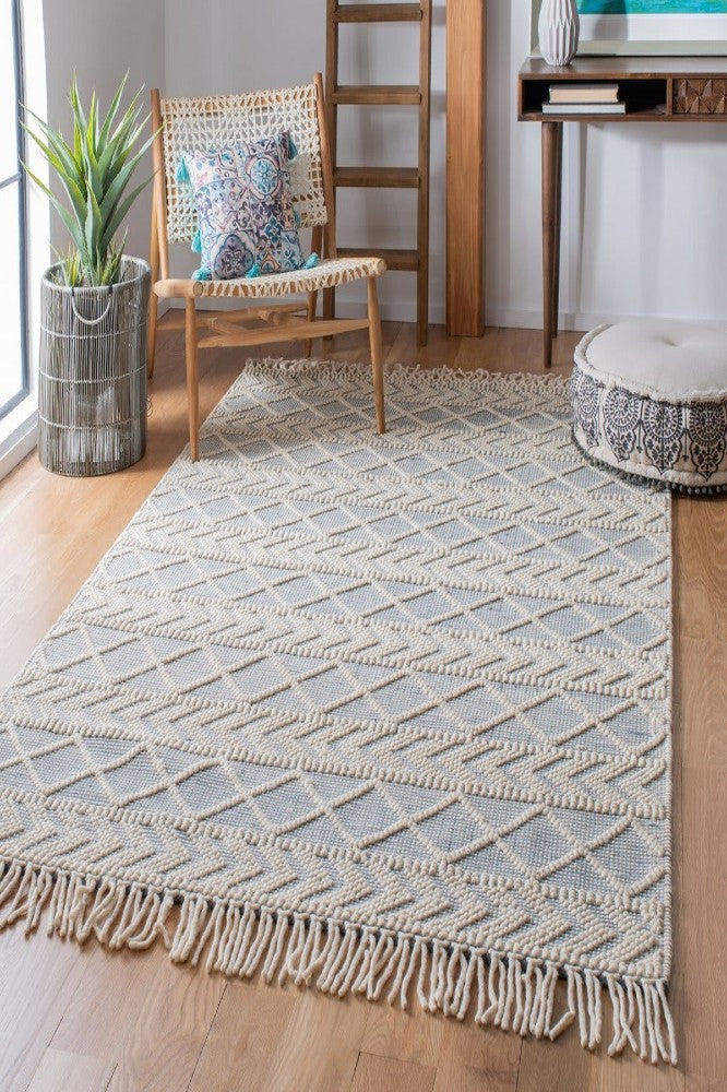 IVORY AND LIGHT BLUE KILIM HAND WOVEN DHURRIE