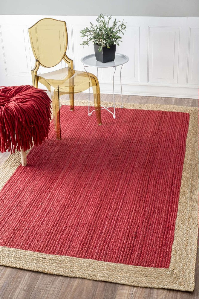 RED AND NATURAL JUTE KILIM HAND WOVEN DHURRIE