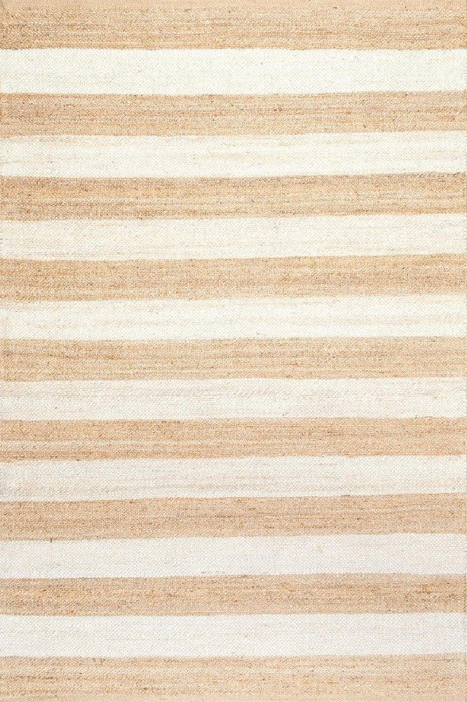 WHITE AND NATURAL STRIPES JUTE KILIM HAND WOVEN DHURRIE