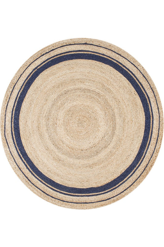 BLUE AND NATURAL ROUND JUTE HAND WOVEN DHURRIE