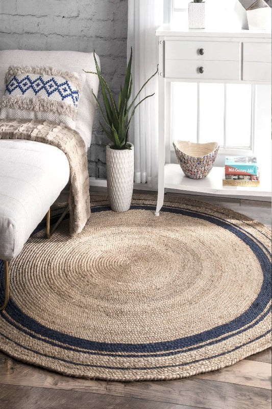 BLUE AND NATURAL ROUND JUTE HAND WOVEN DHURRIE