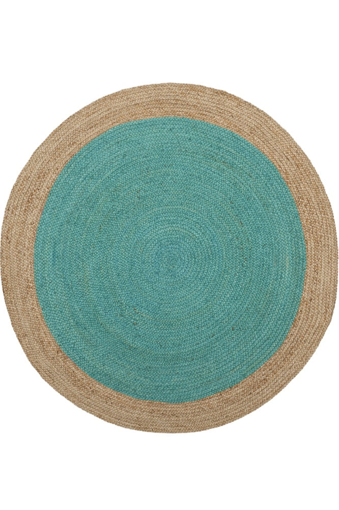 TEAL AND NATURAL ROUND JUTE HAND WOVEN DHURRIE