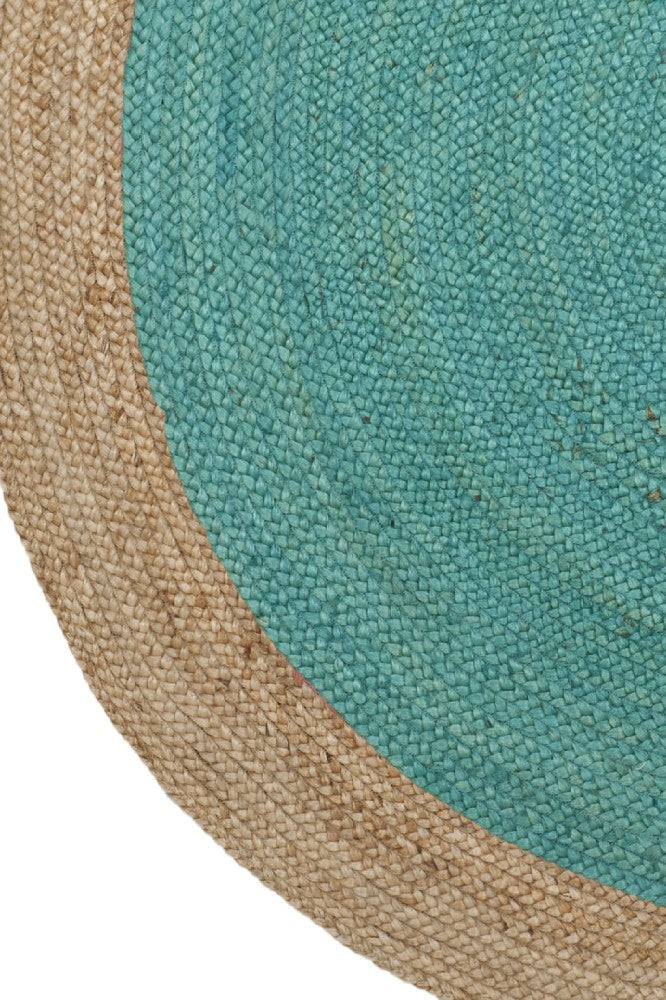 TEAL AND NATURAL ROUND JUTE HAND WOVEN DHURRIE