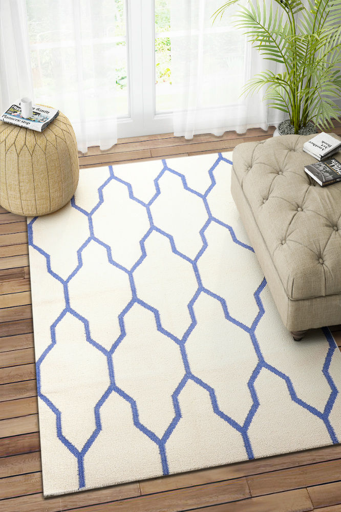 IVORY BLUE TRELLIS HAND WOVEN DHURRIE