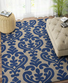 BLUE AND GREY DAMASK HAND TUFTED CARPET