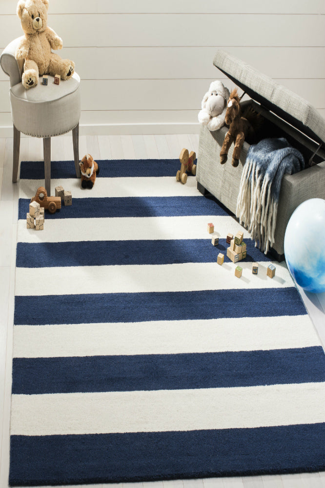 BLUE AND IVORY STRIPES HAND TUFTED CARPET